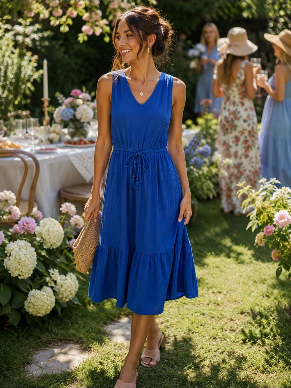 Style & Co. Style Blue Sleeveless Cotton Midi Dress with Drawstring Tie - Size S